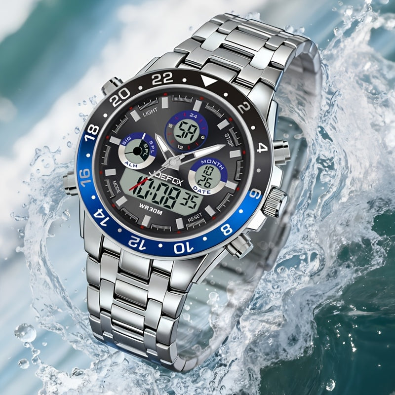 Montre chronographe d'affaires vintage pour homme avec bracelet en acier – Montre-bracelet étanche à double mouvement avec outil de réglage de bracelet, cadeau d'anniversaire ou de fête des pères pour homme