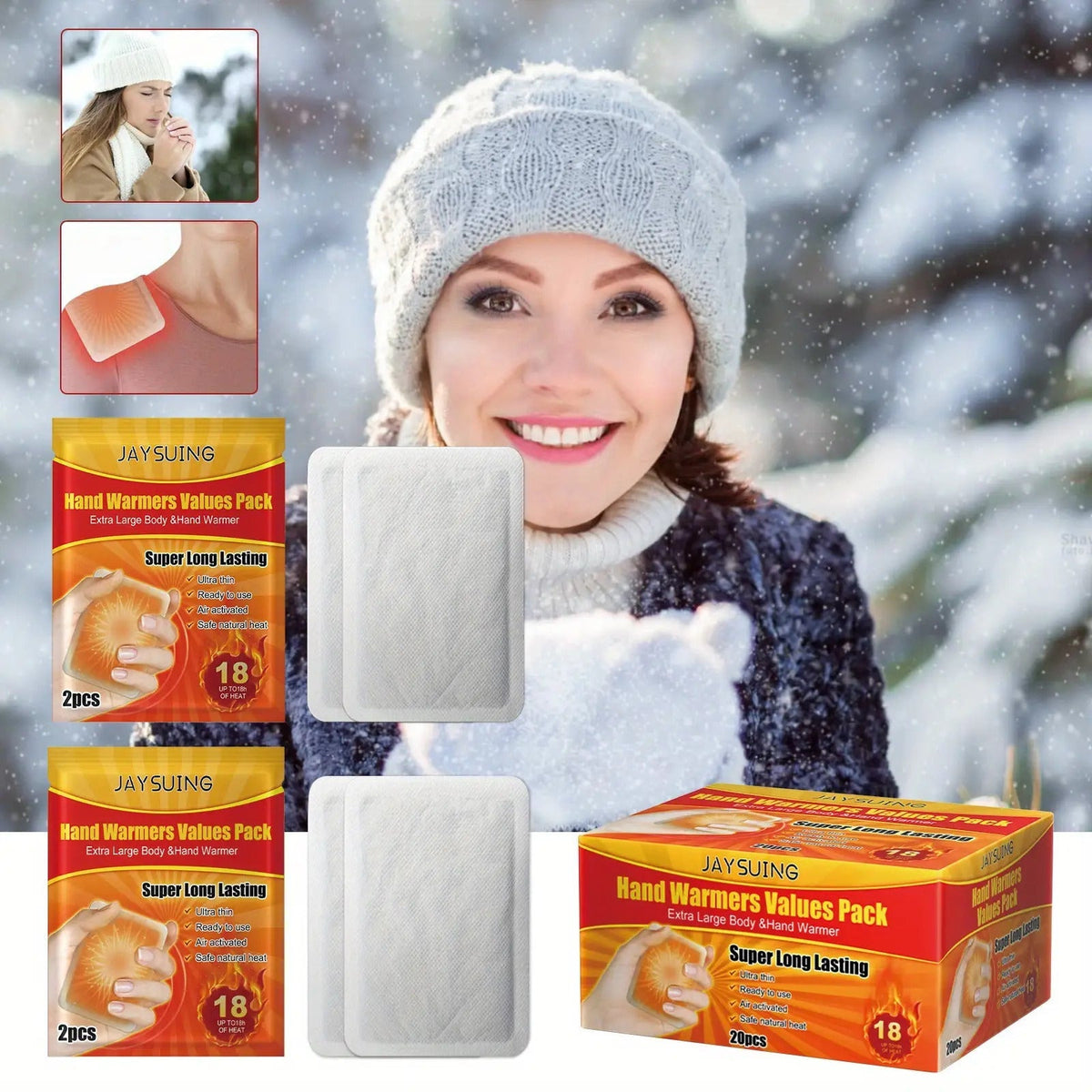 Chauffe-mains, paquet de 20, inodores, 10 heures de chaleur, jetables, respirants, sûrs pour les bébés, pour l'hiver, les activités en extérieur, les voyages, le camping, le ski et le coucher