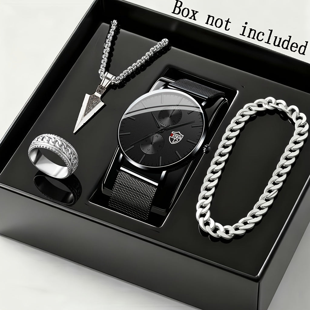 Coffret cadeau montre à quartz et bracelet pour homme, 4 pièces - Montre élégante à boîtier en alliage et cadran rond, style sport, décontracté et professionnel, avec bracelet assorti pour le quotidien, les anniversaires et les fêtes.