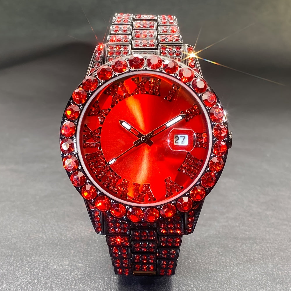 Ensemble de montres pour couples avec strass, mouvement à quartz de luxe, calendrier, affichage lumineux pour hommes et femmes, montre cadeau de mode pour fête avec strass rouges et bleu glacier