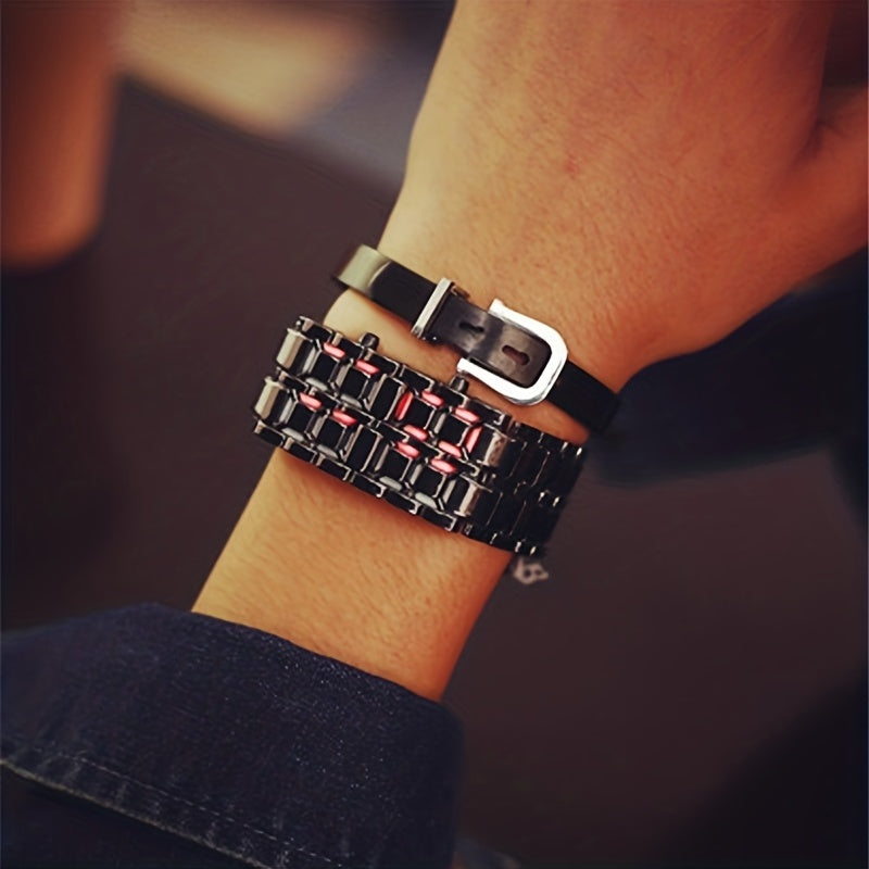 Montre numérique LED Lava pour hommes, femmes et adolescents – Montre-bracelet stylée en acier inoxydable pour couples, affichage LED bleu et rouge, style décontracté pour l'extérieur, 3 couleurs, cadeau pour étudiants