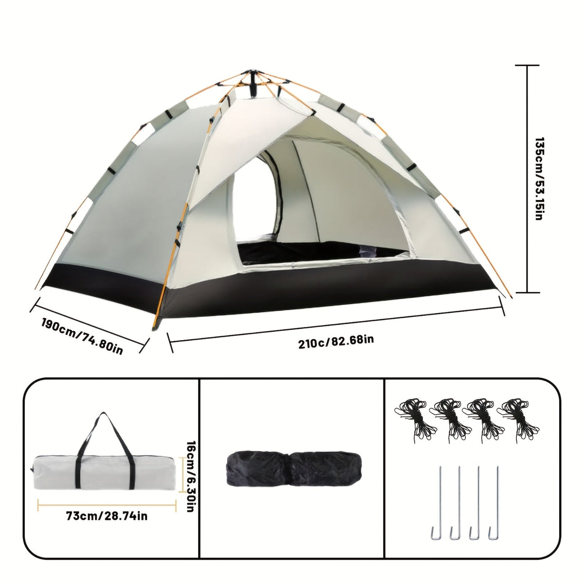 Tente de camping automatique pop-up, abri extérieur portable avec 2 portes et fenêtres – Tente de randonnée légère à montage instantané pour la plage, la randonnée, le camping-car, les voyages, auvent pare-soleil, gris nuage