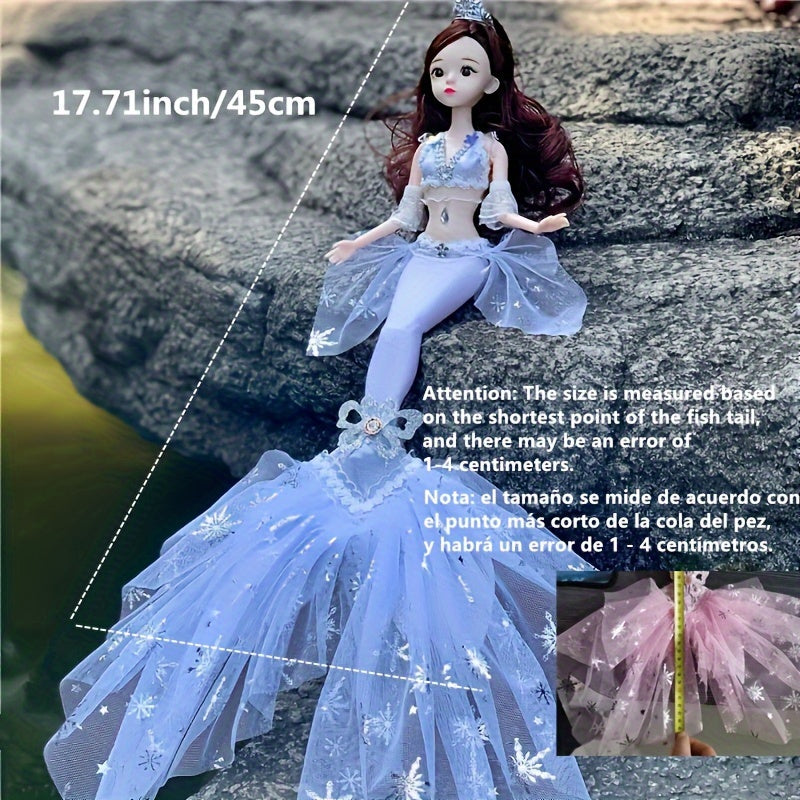 Poupée princesse sirène pour filles 45 cm – Magnifique poupée articulée avec queue en laine, yeux 3D et 11 articulations mobiles, vêtements amovibles, décoration de chambre et jouet, cadeau d'anniversaire ou de Noël
