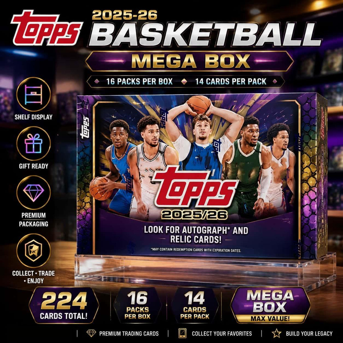 Méga-boîte de collection Topps Basketball 2025-26 - 224 cartes, 16 paquets de 14 cartes, coffret de cartes à collectionner NBA scellé en usine pour collectionneurs, rangement dans un classeur et constitution de collection