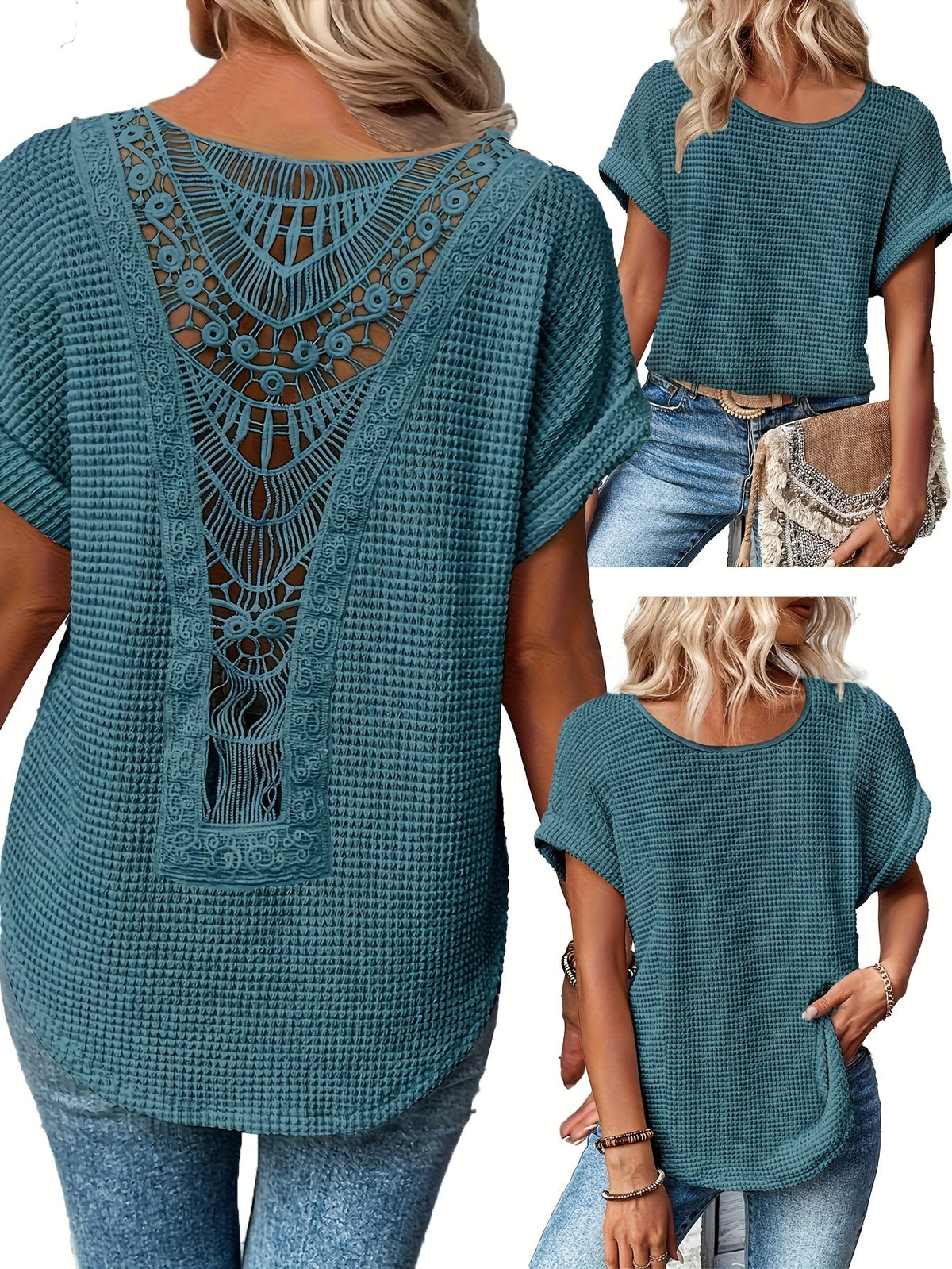 T-shirt femme été décontracté à col rond et manches courtes en patchwork de dentelle, haut fluide, bleu paon, kaki, noir, blanc, S M L XL XXL