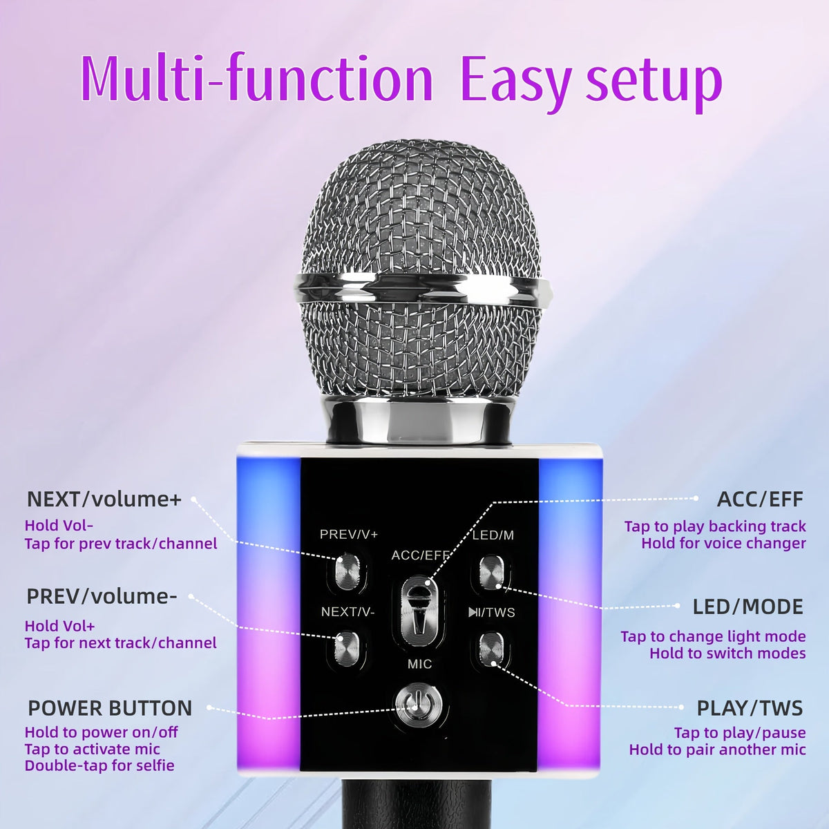 Microphone karaoké sans fil 5-en-1 avec haut-parleur intégré, lumières LED et changeur de voix – Micro de chant Bluetooth portable pour fêtes, réunions de famille, voyages et activités en plein air, 10 couleurs