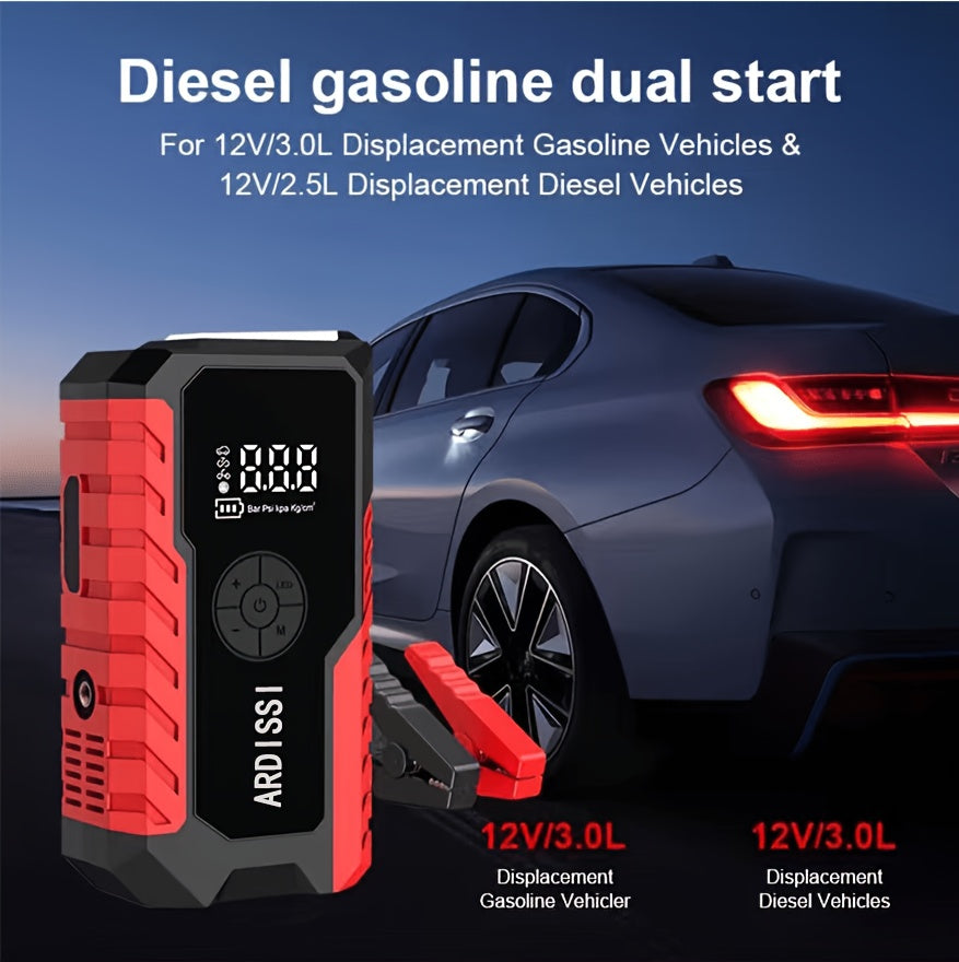 Démarreur de batterie portable 5000A avec compresseur d'air 150 PSI – Booster de batterie tout-en-un 10000mAh, port Type-C, lampe LED pour voitures essence et diesel 12V, camions, SUV et motos