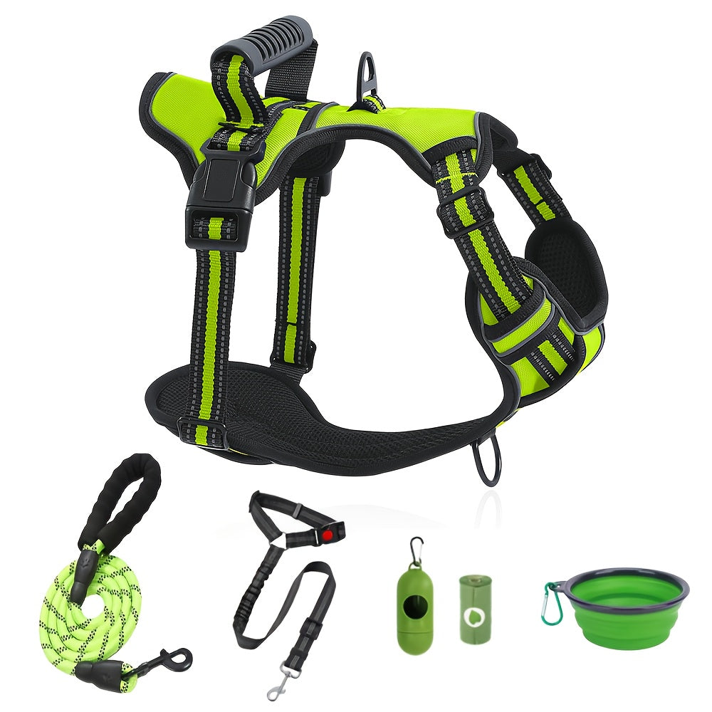 Ensemble harnais anti-traction et laisse 6-en-1 pour chien – Gilet réfléchissant en tissu Oxford sans étranglement avec double attache de laisse et poignée de contrôle facile pour chiens petits, moyens et grands, 5 couleurs, du XS au XL