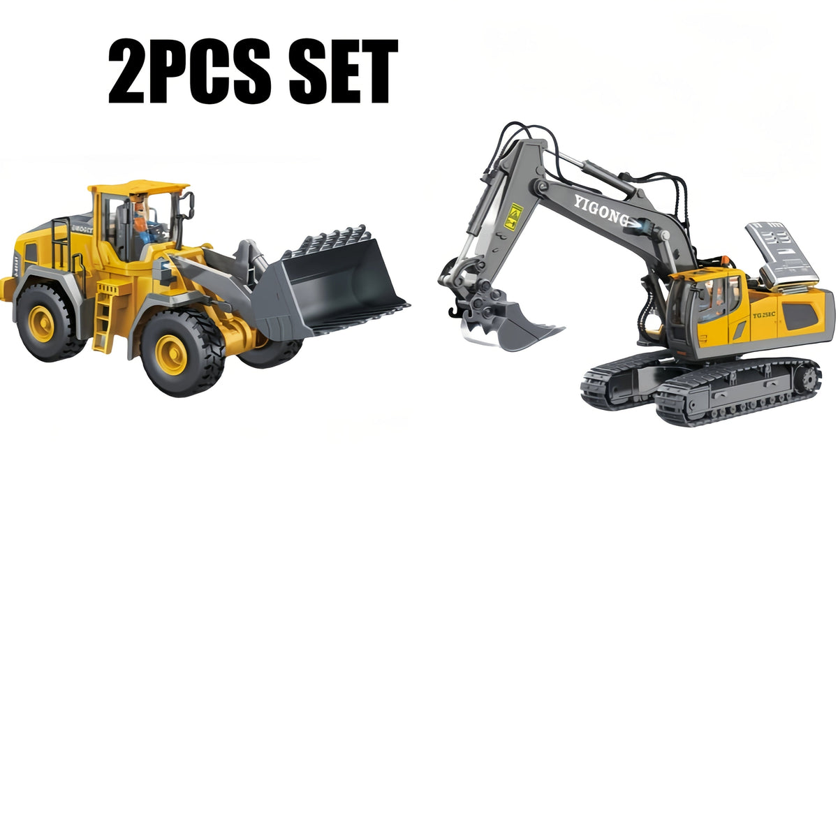 Ensemble de pelleteuse télécommandée avec pelle en métal, lumières LED, batterie 1200 mAh, camion de construction radiocommandé, bulldozer, camion à benne et chargeuse, cadeau d'anniversaire ou de Noël pour garçons à partir de 6 ans