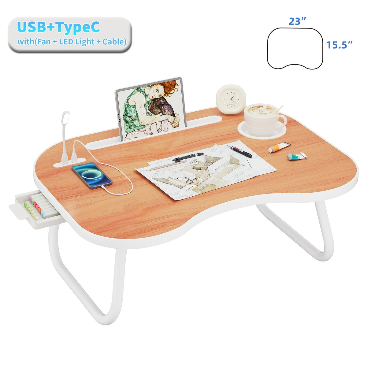 Support pour ordinateur portable avec port USB, tiroir de rangement et porte-gobelet – Plateau de lit en bois noyer pour manger, écrire, canapé, adultes et étudiants