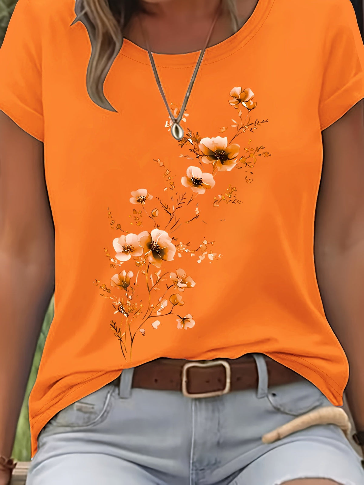T-shirt pour femme à motif floral aquarelle – Haut décontracté élégant à col rond et manches courtes pour le printemps et l'été