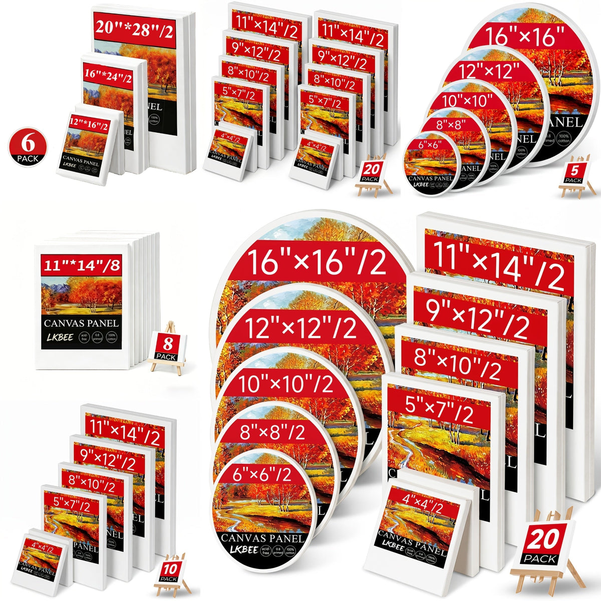 Lot de châssis entoilés ronds et carrés multi-formats – Packs de 5 à 20 pièces en 10x10, 11x14, 12x12, 16x16 et plus – Idéal pour le pouring acrylique, la technique humide sur humide, la peinture à l'huile et l'enseignement en classe