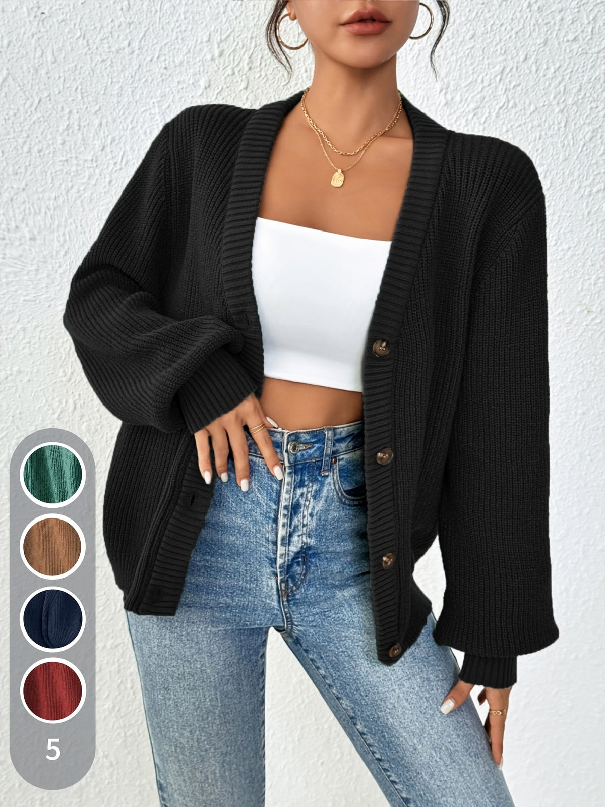 Gilet boutonné pour femme en maille côtelée épaisse, col en V, ouverture sur le devant - Pull veste oversize à épaules tombantes, gilet doux, extensible et chaud pour l'automne et l'hiver, disponible en 5 couleurs, du XS au XL