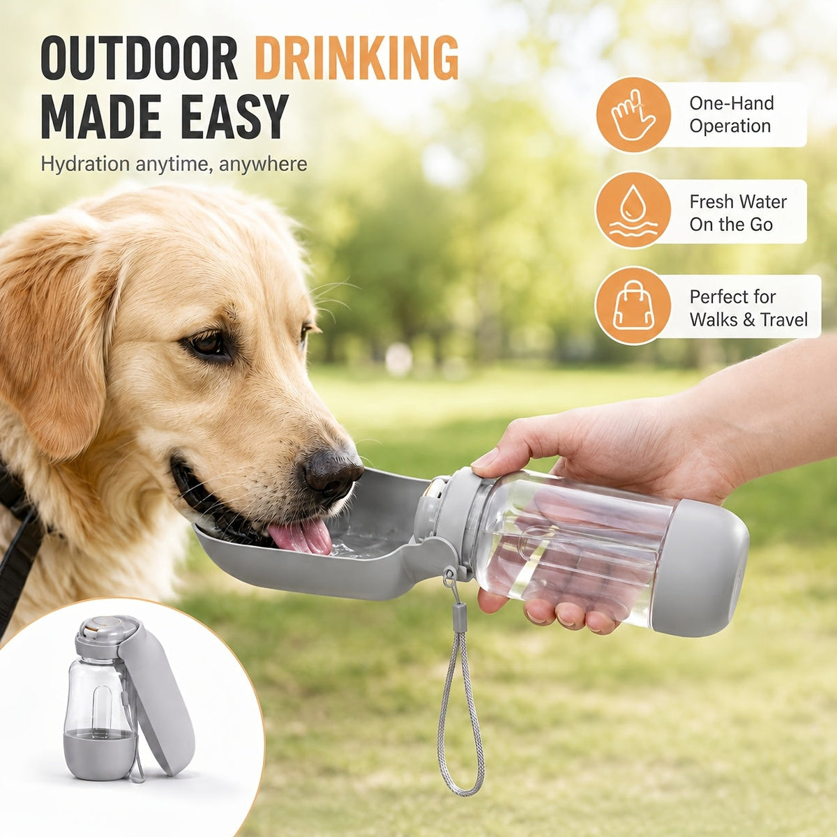 Gourde de voyage 2-en-1 pour chien avec dragonne – Compartiments de 520 ml pour l'eau et 150 g pour la nourriture, distributeur étanche avec gamelle pliable pour randonnée et voyage, 4 couleurs