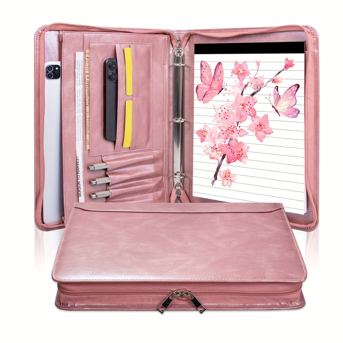 Classeur à anneaux avec fermeture éclair en cuir vegan, format A4, avec pochette pour ordinateur portable, organisateur de travail pour femmes et hommes