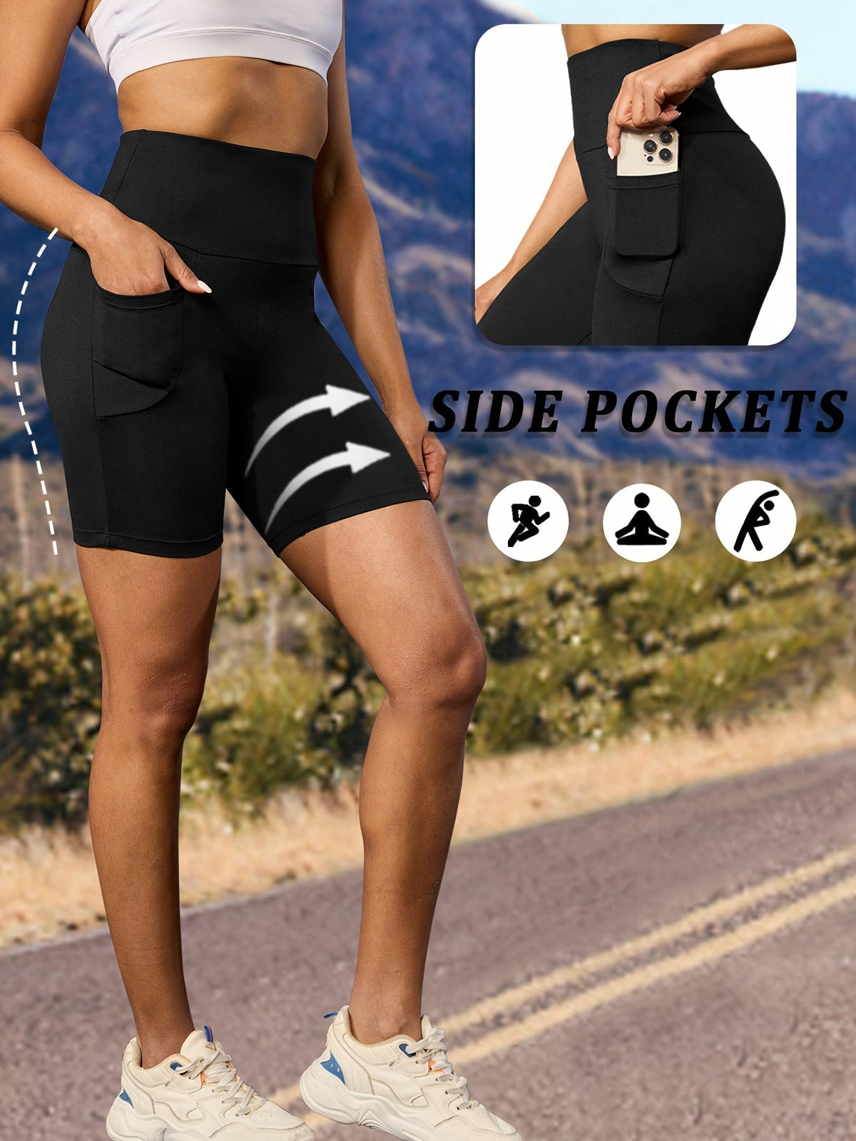 Lot de 5 shorts de cyclisme taille haute pour femme avec poches – Short de sport gainant, opaque, entrejambe de 15 cm, short athlétique ultra-doux et très extensible pour la course, le yoga, la gym et l'entraînement estival