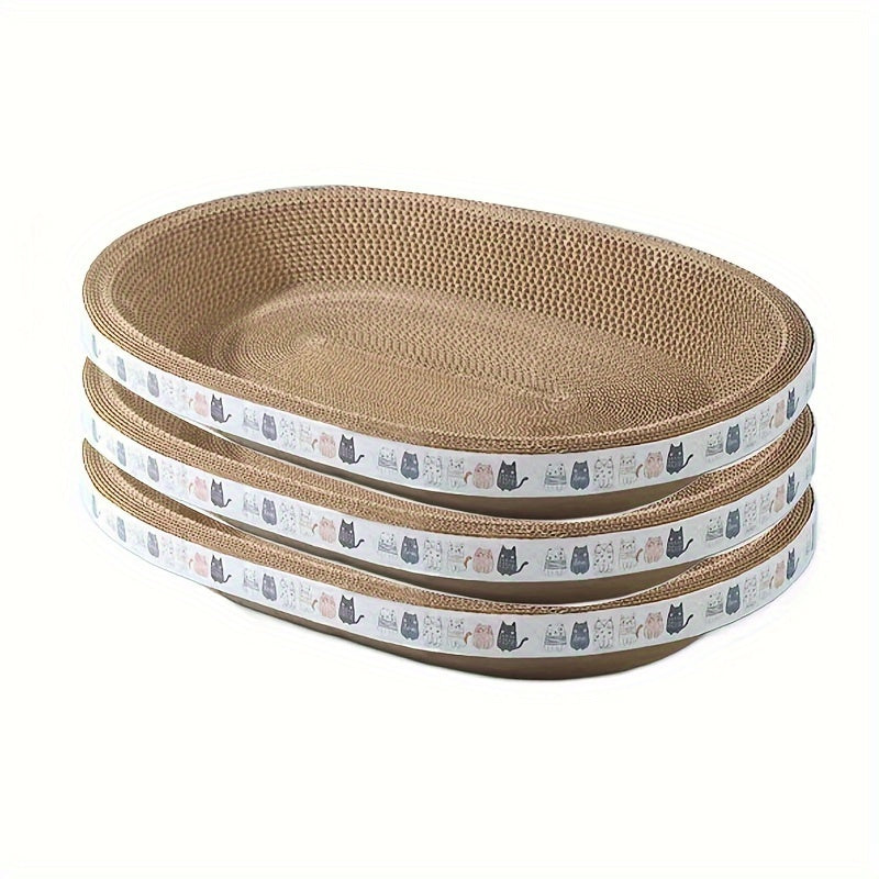 Oval Cat Scratching Board & Lounge Bed – 3-Pack Durable Cardboard Cat Scratcher with Resting Area, 3 Sizes S/M/L for Indoor Cats & Kittens, Space-Saving Flat Design