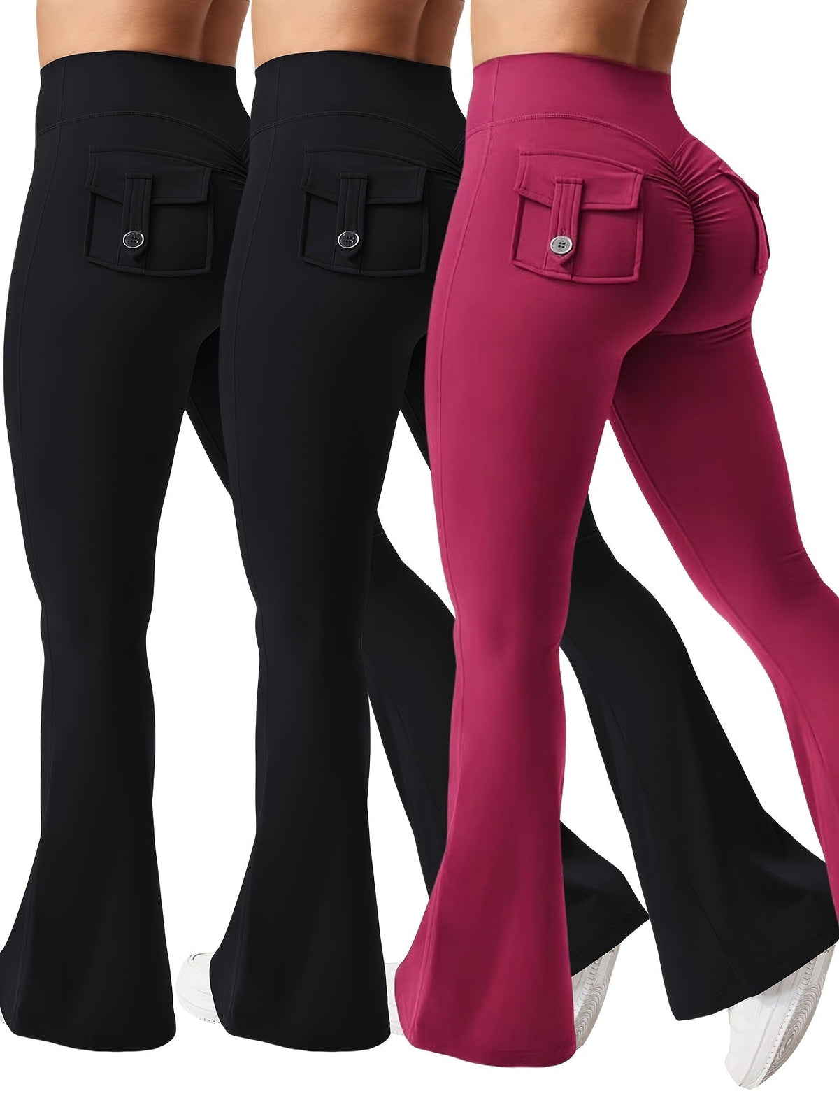 Ensemble 3 pièces pour femme : pantalon de yoga évasé à taille haute avec ceinture et poches, legging galbant effet push-up, squat-proof, 90 % polyester extensible, coupe évasée pour le sport, la gym, la course et le quotidien