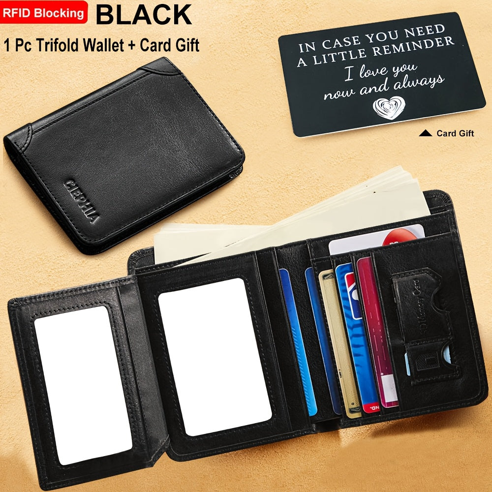 Portefeuille pour homme en cuir véritable avec protection RFID, trois volets, cuir de vachette vintage, porte-cartes de crédit, 2 fenêtres pour carte d'identité, pince à billets, emplacements pour espèces, cadeau de fête des pères pour papa ou mari