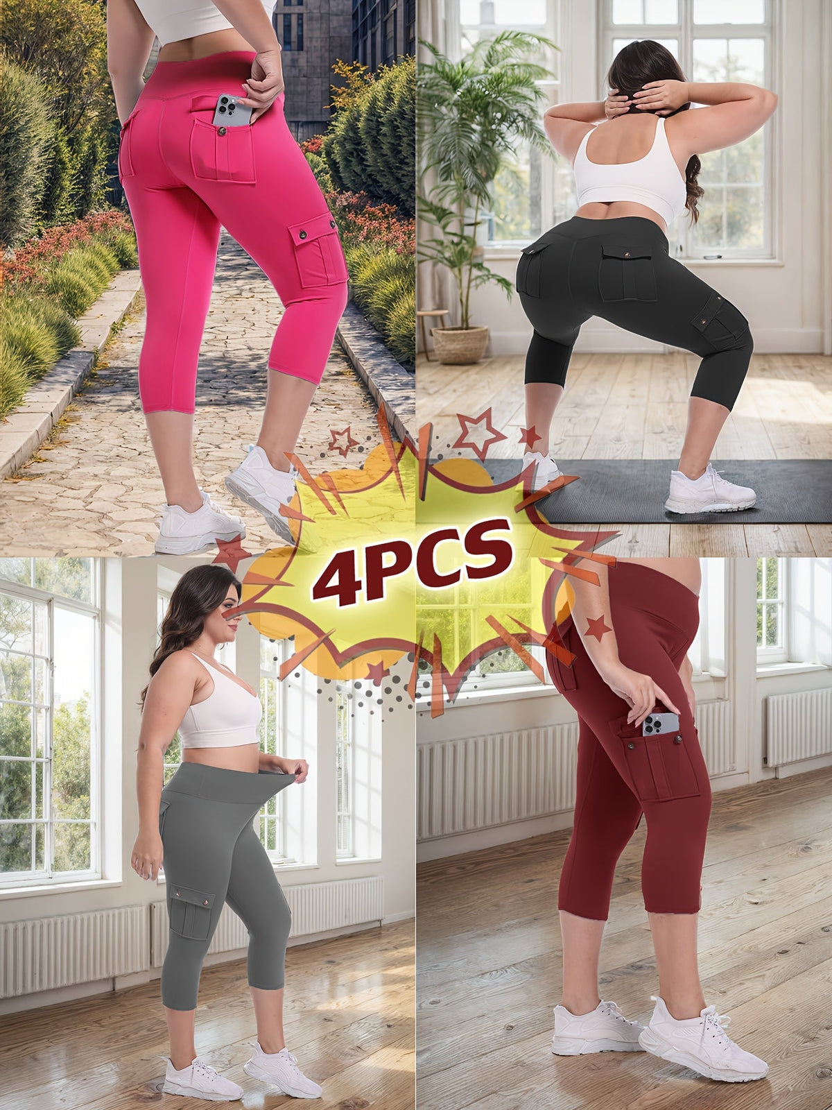 Lot de 4 pantalons de yoga Capri taille haute pour femmes, extensible dans les 4 sens, galbant, gainant, 4 poches - Leggings de sport pour la course, S-XXL, toutes saisons
