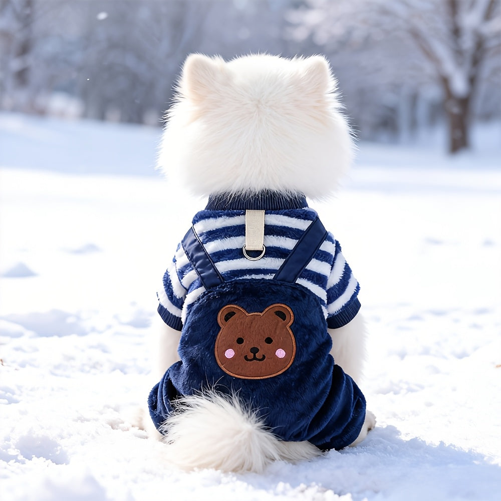 Salopette polaire d'hiver pour petits chiens et chats – Combinaison rayée brodée avec motif ours, vêtements chauds pour animaux avec ouverture pour laisse, tenue confortable pour chiots et chatons pour les promenades en extérieur