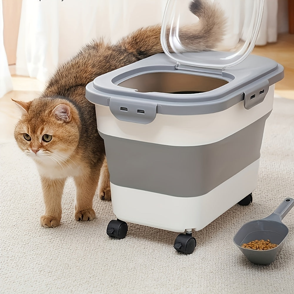 Grand contenant hermétique pour nourriture pour animaux avec roulettes – Bac scellé résistant à l'humidité et aux insectes avec tasse à mesurer et design pliable pour nourriture sèche pour chiens et chats, blanc cassé, vert, rose