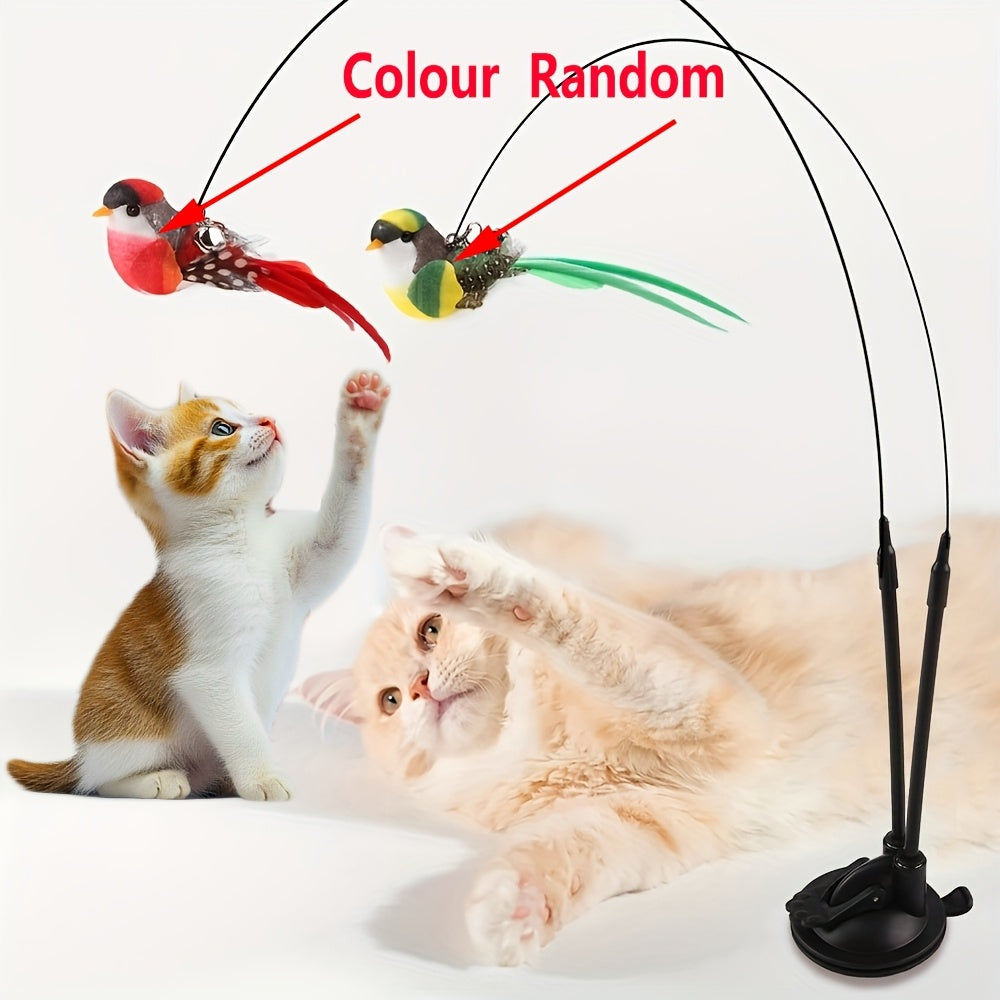 Jouet interactif pour chat plume et oiseau avec base à ventouse – Baguette pour chat mains libres à double tige, jouet pour chat intérieur et extérieur sans pile, polyester non toxique, 2 oiseaux artificiels inclus, couleurs assorties