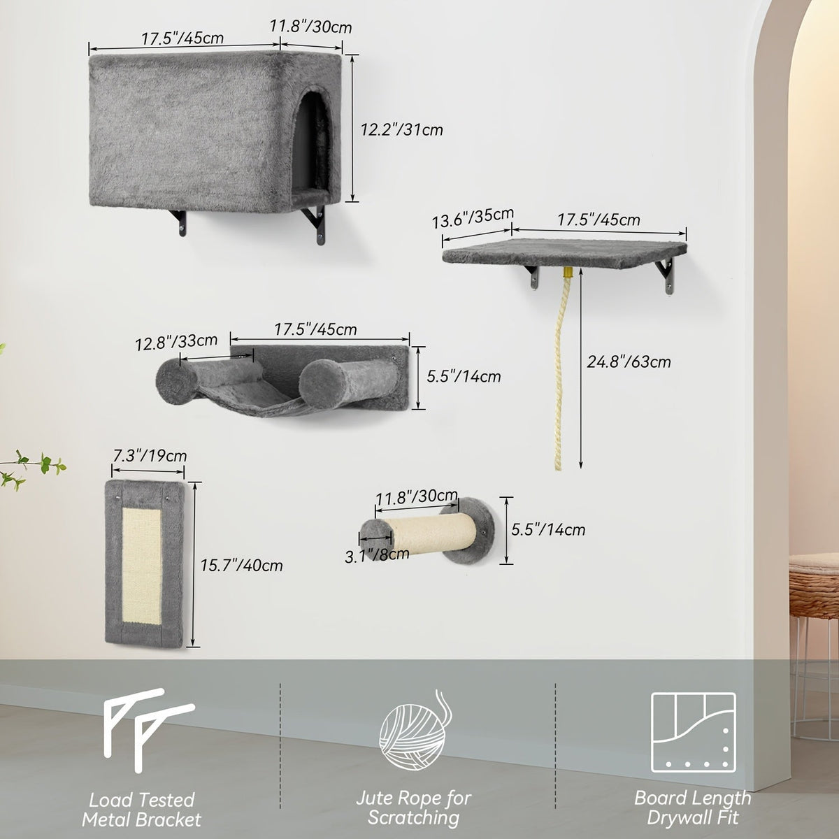 Ensemble de 5 étagères murales pour chats - Perchoir, grimpeur et pont flottants pour chats, mobilier moderne pour chats d'intérieur, alternative à l'arbre à chat avec plateforme de couchage, maison pour chat gain de place
