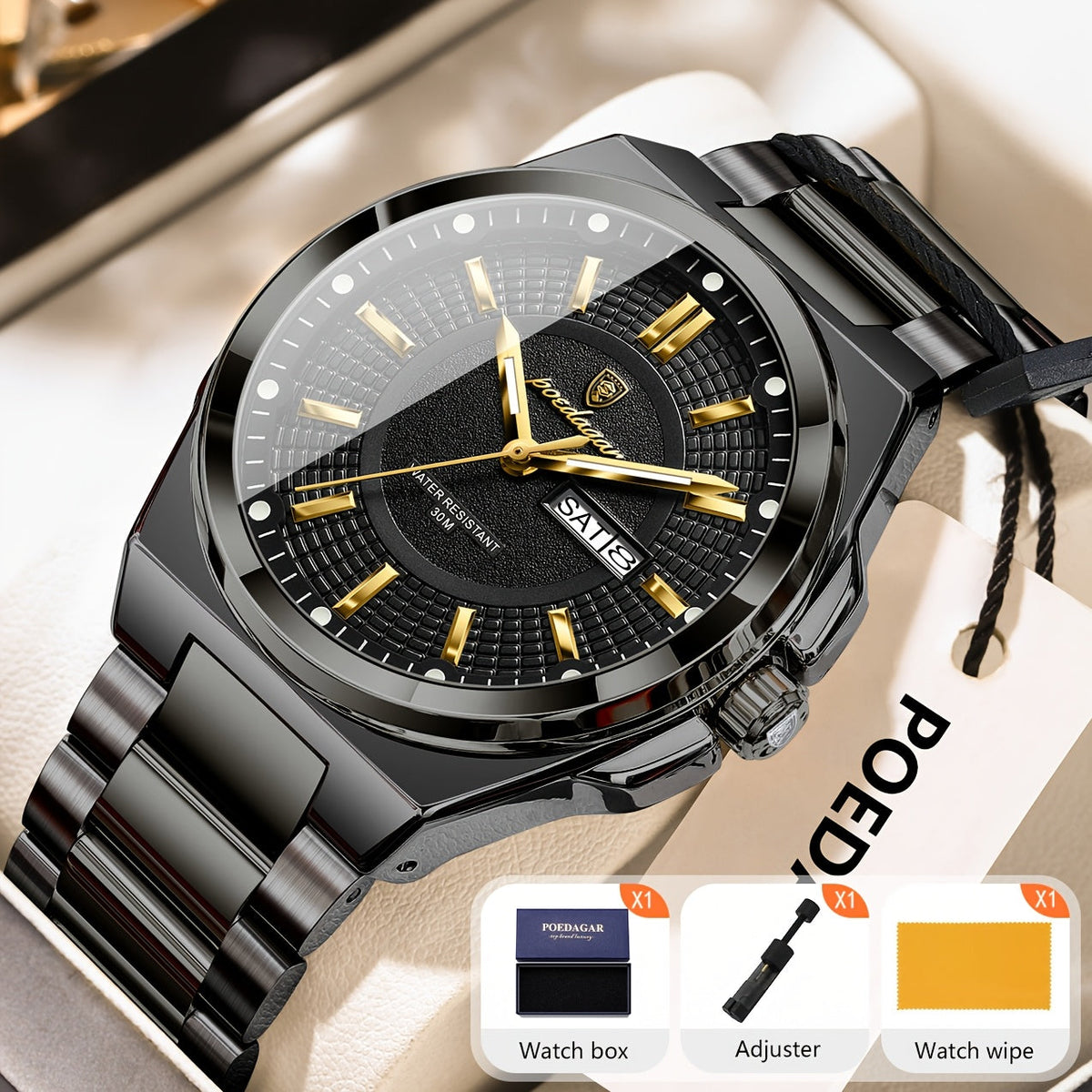 Montre à quartz pour homme POEDAGAR, étanche, lumineuse, en acier inoxydable avec affichage du calendrier hebdomadaire – Design élégant et classique, cadeau parfait pour homme, disponible en plusieurs coloris