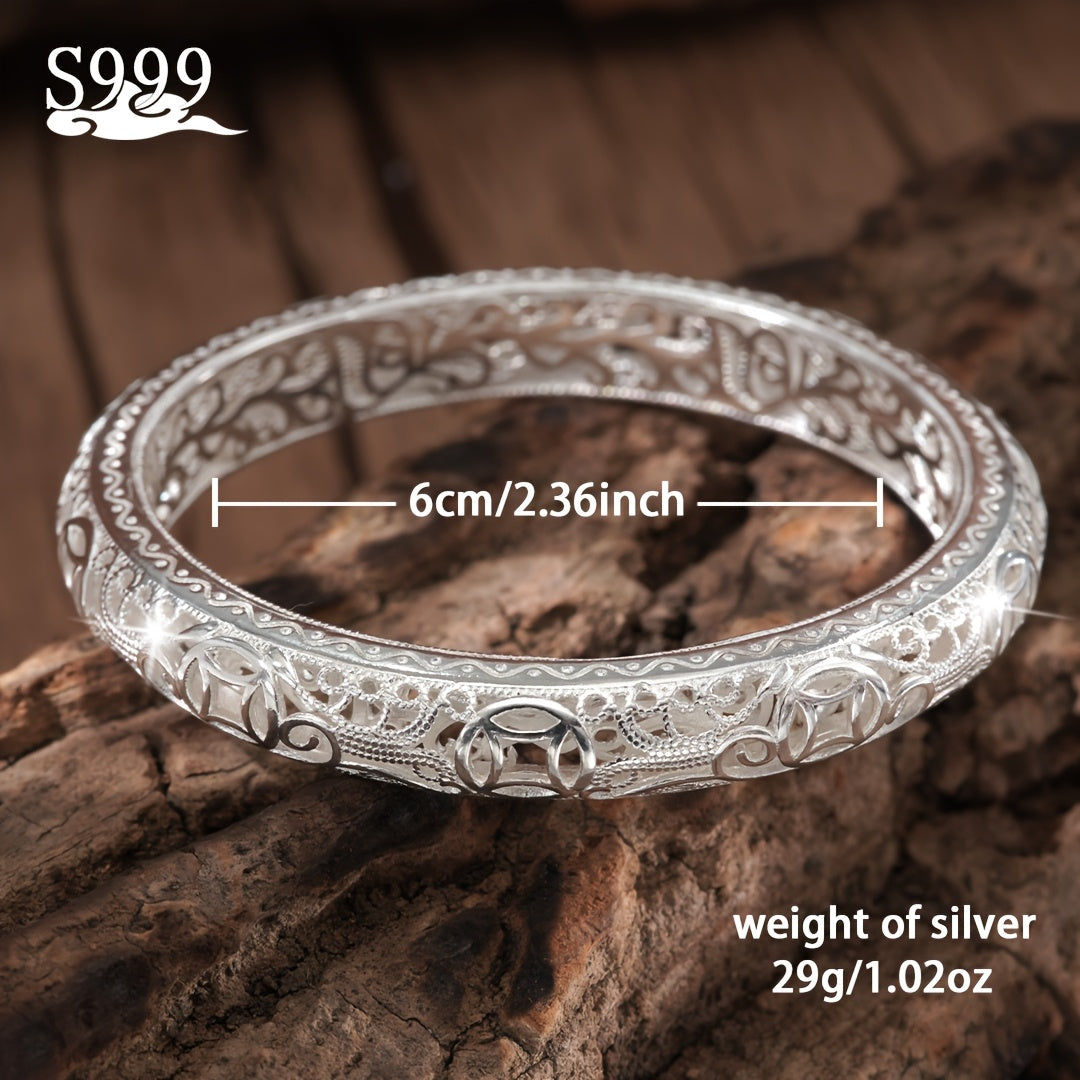 Bracelet jonc en argent pur S999 pour femme – Manchette fermée massive, bijou en argent fin de haute pureté, accessoire de mode élégant et brillant, cadeau idéal pour un anniversaire ou une fête.