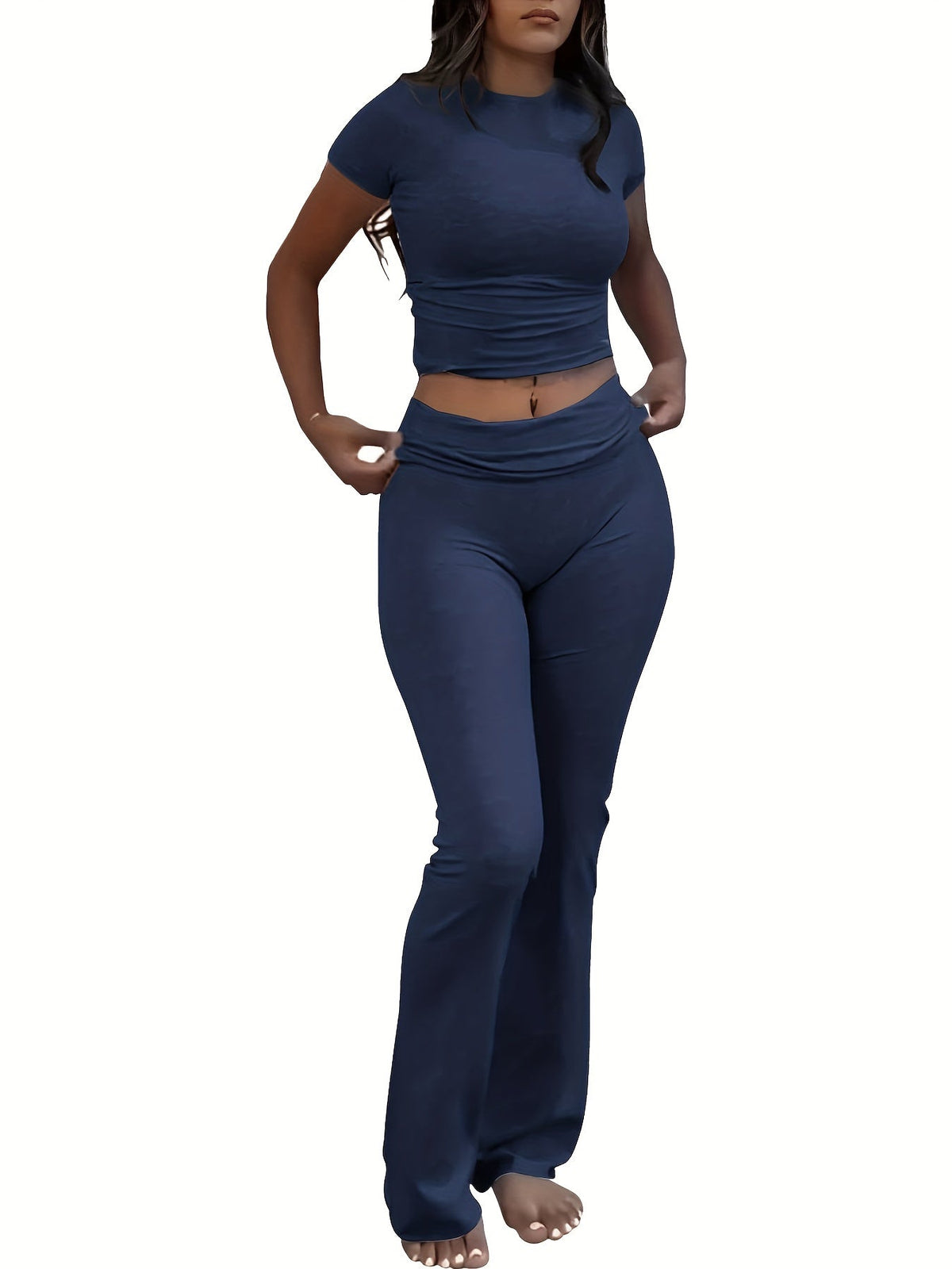 Ensemble deux pièces pour femme - T-shirt ajusté à manches courtes et col rond & pantalon moulant à pattes d'eph, tenue décontractée unie pour le quotidien, tailles XS-XL