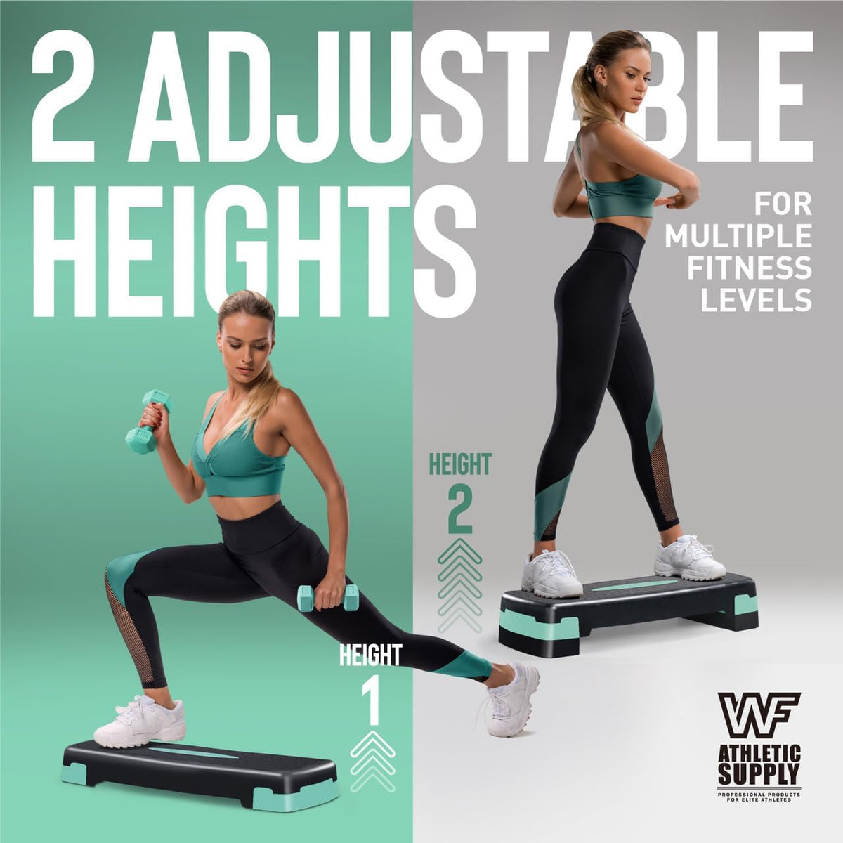 Plateforme de step réglable pour aérobic avec 2 haltères et ruban à mesurer – Plateforme d'exercice pour entraînement à domicile avec rehausseurs, antidérapante, capacité de 250 kg, 3 couleurs (bleu, vert, rose)