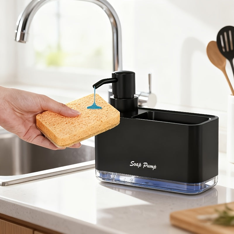 Distributeur de savon 2-en-1 avec porte-éponge intégré pour évier de cuisine – Distributeur à pompe pour comptoir pour savon à mains et vaisselle, distributeur de détergent, recharge facile, organisateur de cuisine idéal