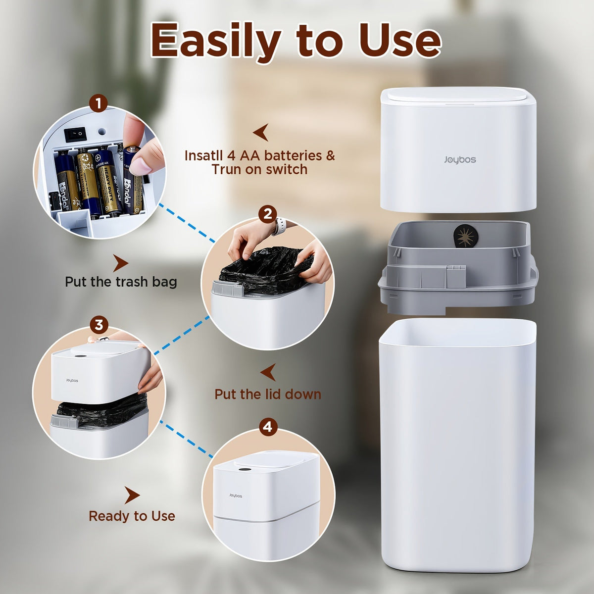 Poubelle intelligente automatique 14 L (3,8 gallons) – Capteur de mouvement sans contact, sacs auto-déployants par aspiration d'air, design fin anti-odeurs pour salle de bain, cuisine, bureau et chambre – Lot de 1 ou 2
