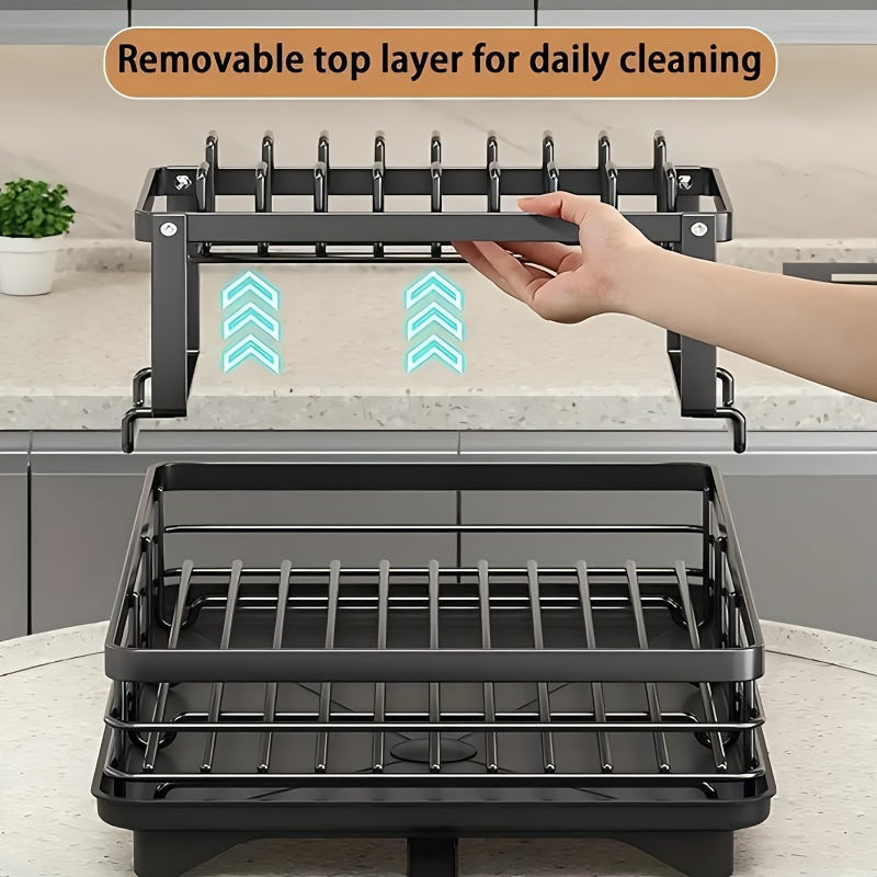 Égouttoir à vaisselle à 2 niveaux pour comptoir de cuisine avec plateau d'égouttage, tapis de drainage, porte-couteaux, porte-fourchettes, porte-gobelets, organisateur d'ustensiles, accessoire de cuisine, cadeau pour femme pour la fête des mères