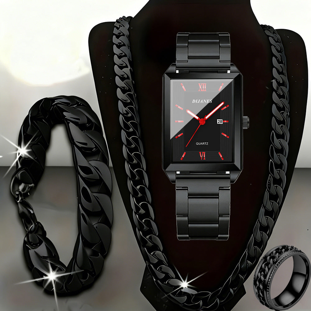Ensemble de 4 pièces montre et bijoux pour homme – Montre à quartz avec collier, bracelet et bague, affichage de la date style business décontracté, coffret cadeau de luxe pour homme en noir, argent et or