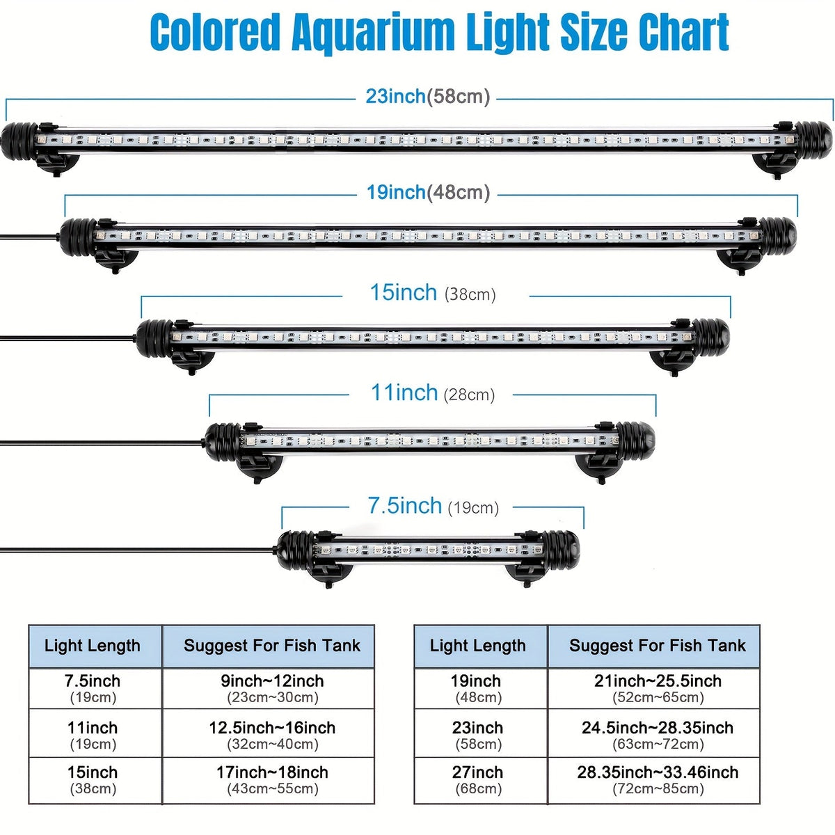 Éclairage LED submersible pour aquarium, lumière multicolore sous-marine pour aquarium, de 19 cm à 89 cm - Tailles multiples, 9 à 66 LED pour décoration d'aquarium d'eau douce et d'eau de mer