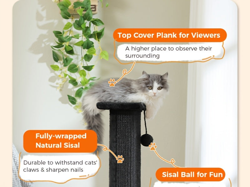 Arbre à chat à plusieurs niveaux avec poteau en sisal et jouets suspendus pour chats d'intérieur, tour d'escalade robuste et centre d'activités pour chats énergiques, disponible en gris et noir