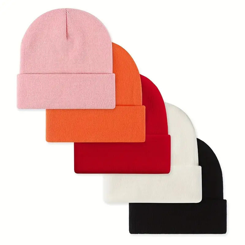 Lot de 5 bonnets unisexe en tricot pour hommes et femmes - Bonnets chauds, coupe-vent et doux en acrylique pour le ski en hiver, les activités en extérieur et le quotidien, bonnets légers et extensibles à revers, excellente idée cadeau