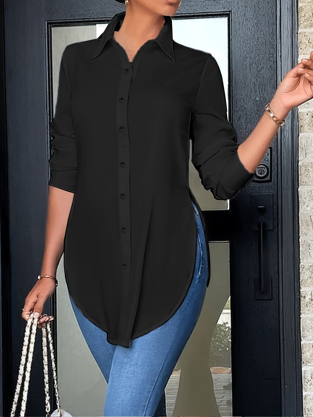 Chemisier élégant à manches longues et boutonnage frontal pour femme | Chemise de bureau opaque avec fente latérale | Haut professionnel décontracté toutes saisons | Chemisier de travail pour femme facile d'entretien | XS-XXL Multicolore