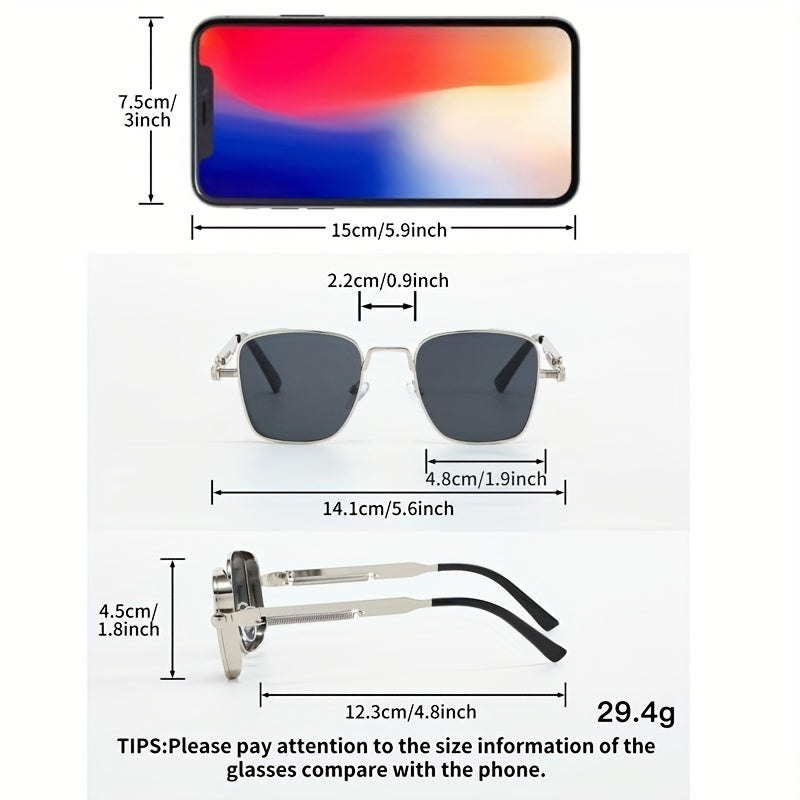 Lunettes de soleil carrées rétro steampunk pour hommes et femmes – Monture en métal vintage, verres dégradés verts, protection UV400, lunettes de fête, streetwear et festival avec étui et chiffon, idée cadeau unique