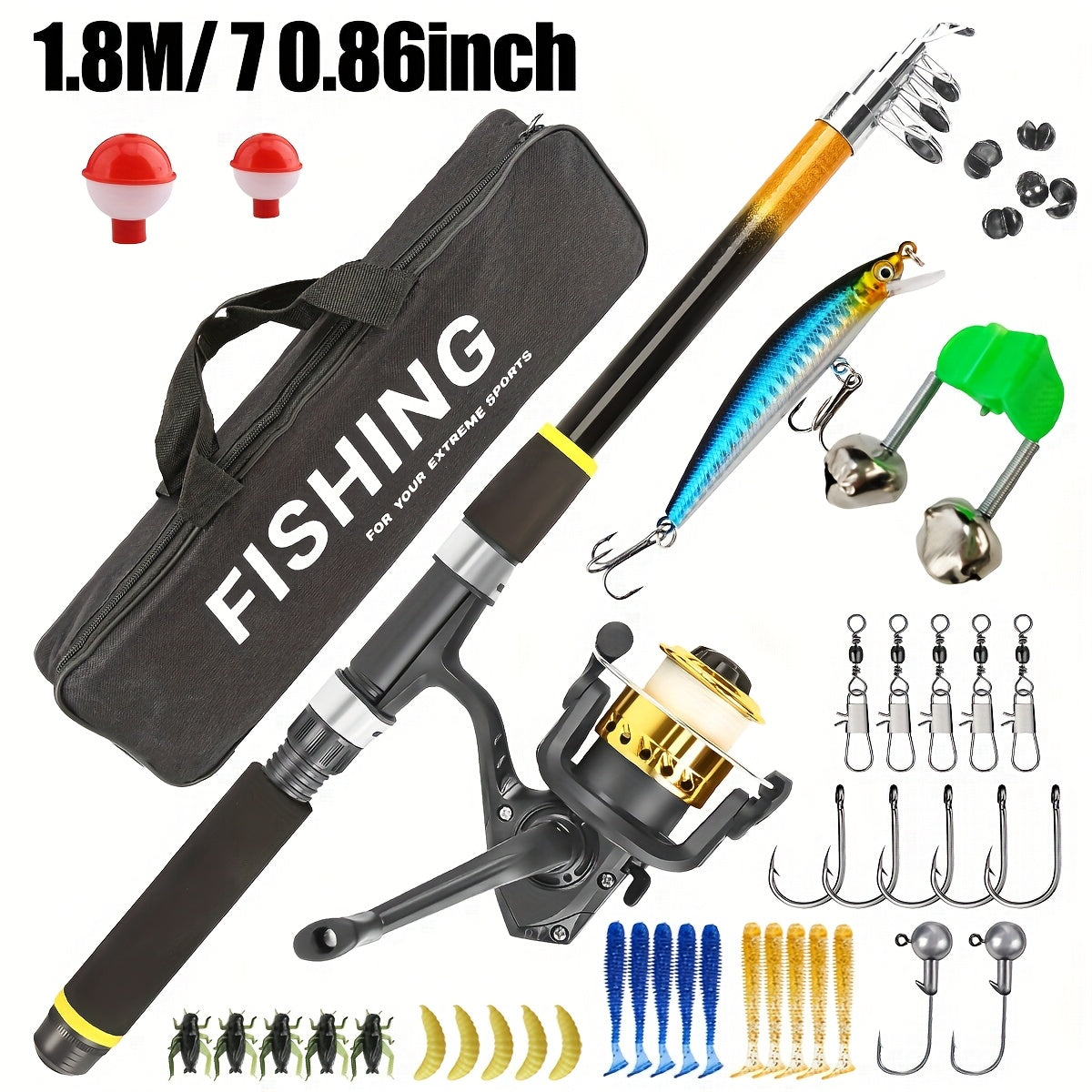 Kit de pêche complet pour débutant avec canne et moulinet – Canne spinning medium light avec leurres souples et durs, moulinet ambidextre, accessoires inclus, set de démarrage complet pour adultes et enfants