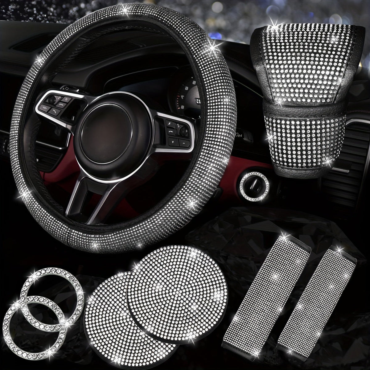 Ensemble d'accessoires de voiture 8 pièces en strass pour femme – Housse de volant, sous-verres, coussinets de ceinture de sécurité, anneaux de démarrage et housse de pommeau de levier de vitesse, 7 couleurs, kit intérieur à paillettes scintillantes