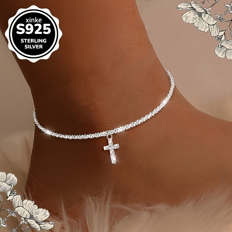 Chevillère croix en argent sterling S925 pour femme – Ornée d'un diamant synthétique étincelant, bijou bohème pour la plage et les vacances, accessoire pour tenue décontractée, cadeau idéal pour la Saint-Valentin et la fête des mères