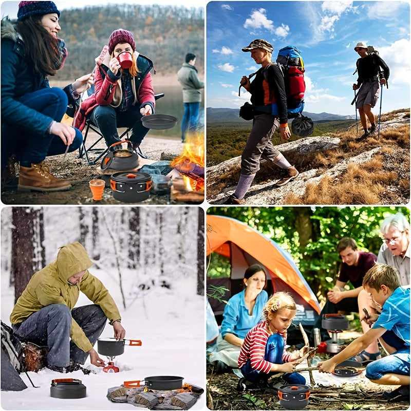 Set de cuisine de camping portable pour 2-3 personnes – Casserole antiadhésive, poêle et bouilloire avec rangement pliable, kit de cuisine d'extérieur léger pour la randonnée, le trekking et les voyages
