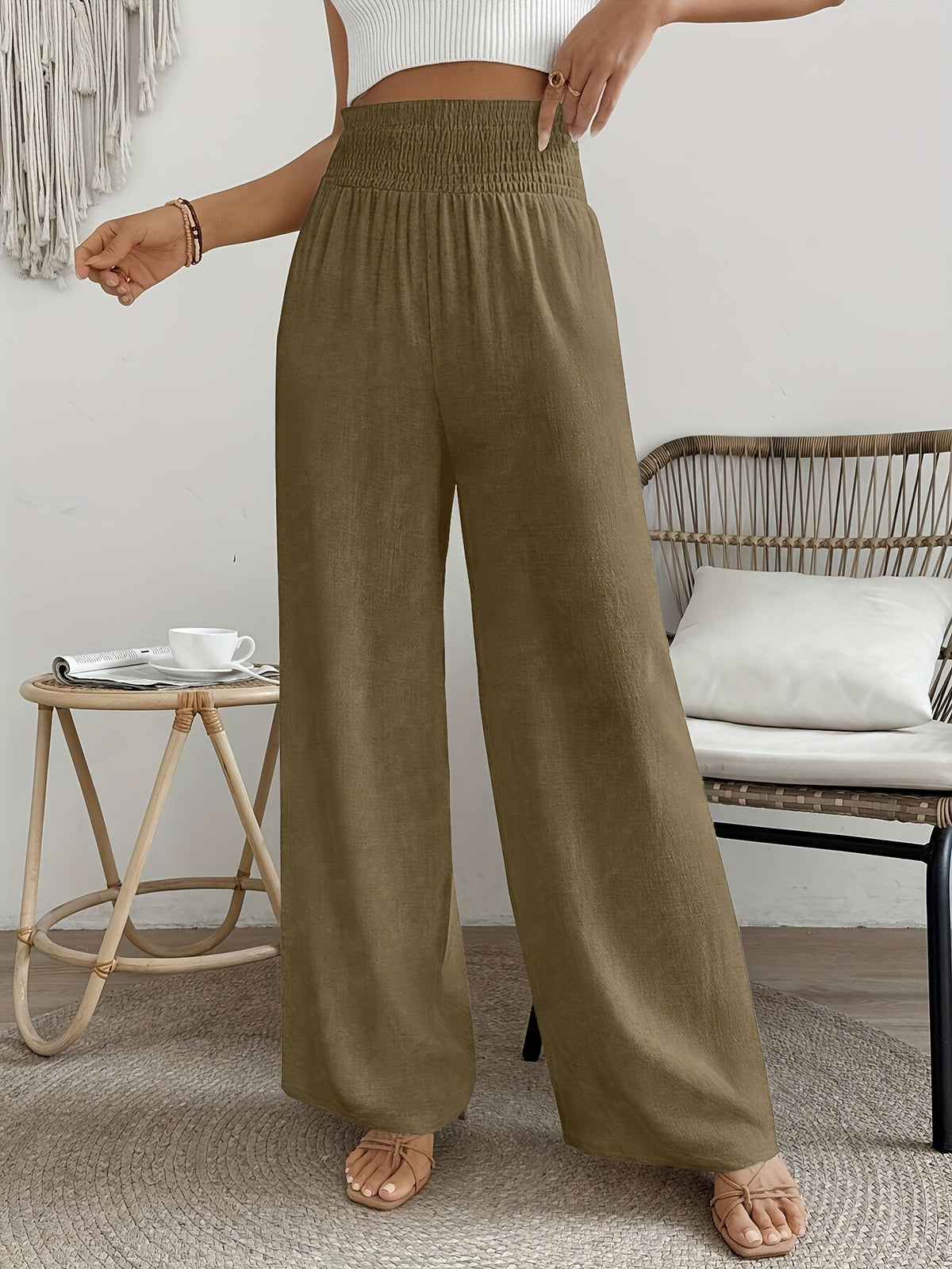 Pantalon élégant taille haute pour femme, couleur unie, matière lisse légèrement extensible - Pantalon décontracté chic, lavable en machine, idéal pour le printemps, l'été, l'automne, le bureau ou le quotidien