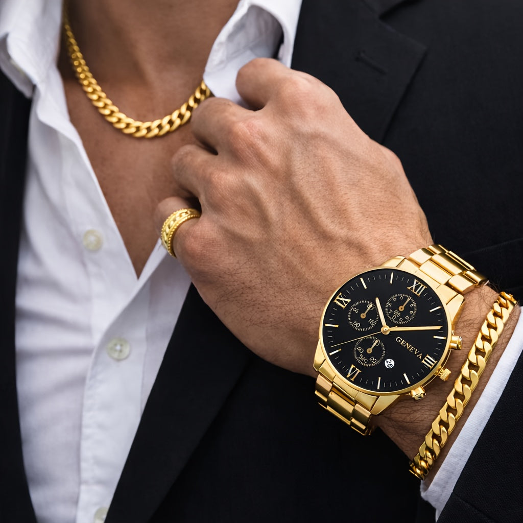Coffret cadeau montre mécanique de luxe et bijoux pour homme, 4 pièces – Bracelet, collier et bague vintage en alliage galvanisé, ensemble d'accessoires élégants style business décontracté pour Noël, la Saint-Valentin et les fêtes