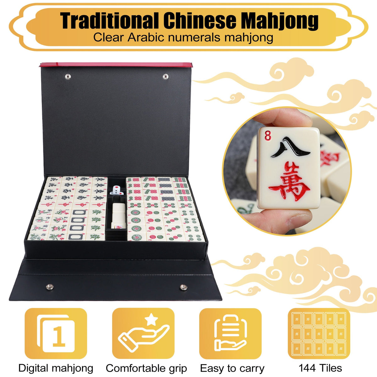 Set de mahjong 36 mm, 146 tuiles en mélamine avec mallette de transport - Tuiles pleine grandeur 3,5 cm blanc ivoire, chiffres arabes, dés, indicateurs de vent et instructions, cadeau de soirée de jeux en famille pour adultes