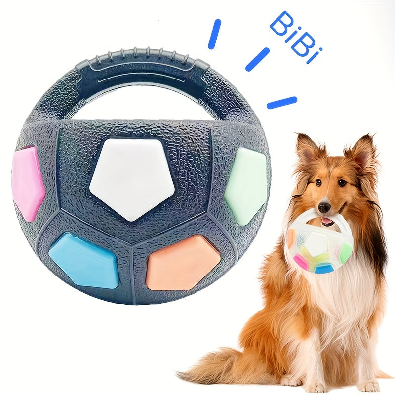 Jouet pour chien ballon de football avec couineur et poignée de transport - Balle interactive pour chien en TPR durable pour toutes les tailles, jouet rebondissant de 14 cm pour rapporter et dribbler, pour jouer à l'intérieur et à l'extérieur