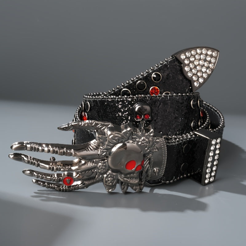 Ceinture punk unisexe à tête de mort – Similicuir orné de strass avec boucle tête de mort en alliage de zinc, accessoire de mode audacieux pour Halloween, les fêtes et le quotidien, 5 couleurs disponibles